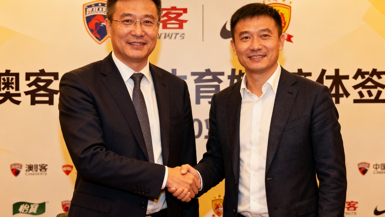 一张澳客与某知名体育媒体战略合作签约仪式的现场照片，双方代表握手合影，背景是印有双方品牌标识的签约背景板，气氛正式而友好
