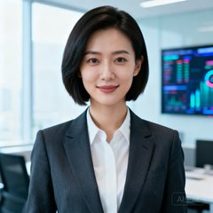 一张澳客平台企业用户代表李女士的专业形象照片，她是一位穿着职业装、留着干练短发的年轻女性，站在明亮的办公室中，背景隐约可见数据屏幕，展现专业自信的气质